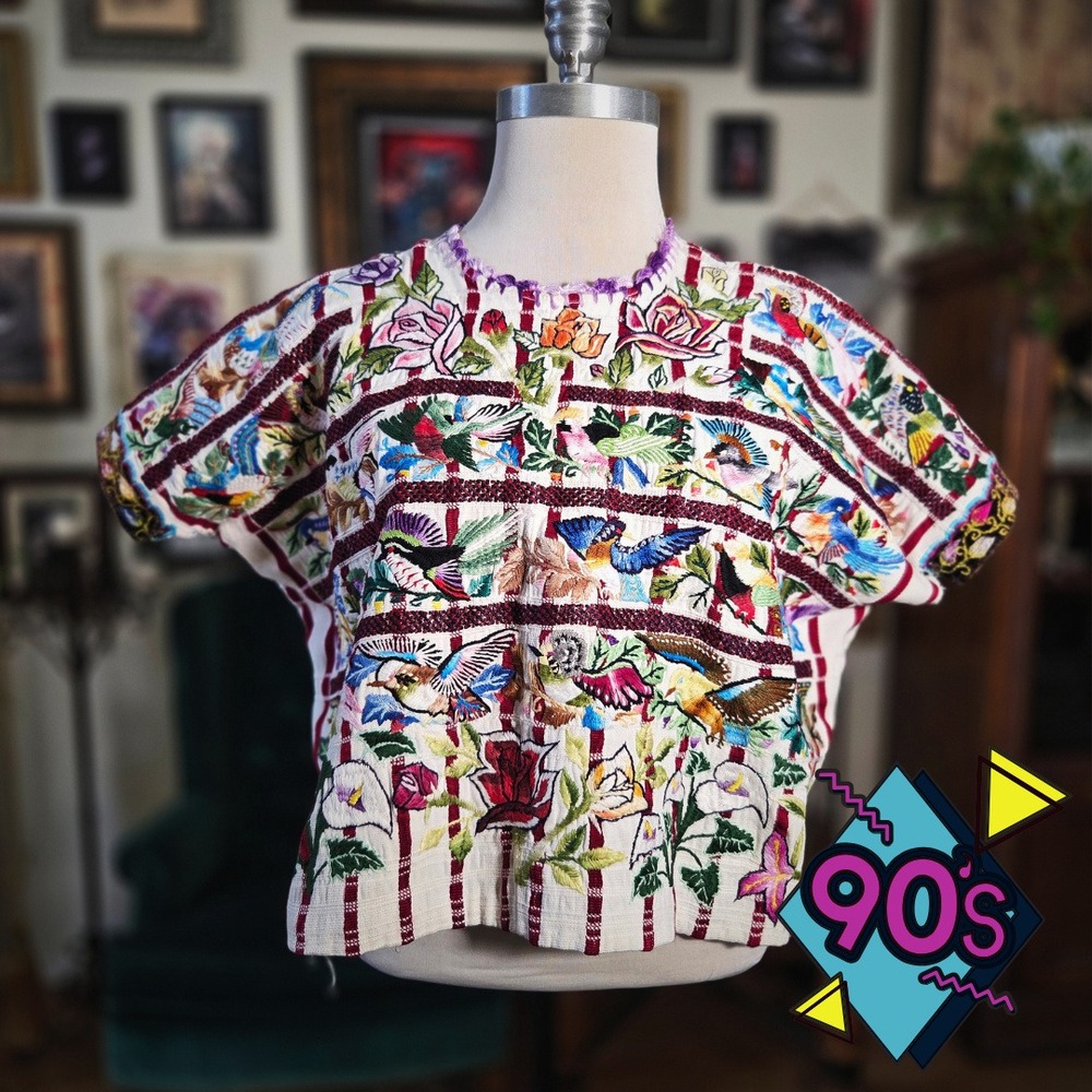 Guatemalan‎ Huipil Vintage 80s Embroidered Bird Floral Boho Crop Top Blouse M